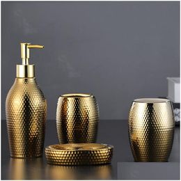 Zeepdispenser Scandinavische stijl Gouden keramische badkamerset Gouden houder Tandenborstelbeker Accessoires Sets Drop Delivery Home Garden Dhaex