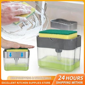 Vloeibare zeepdispenser Draagbare set Keukenwasmiddelpersdoos met spons Handdoseergereedschap