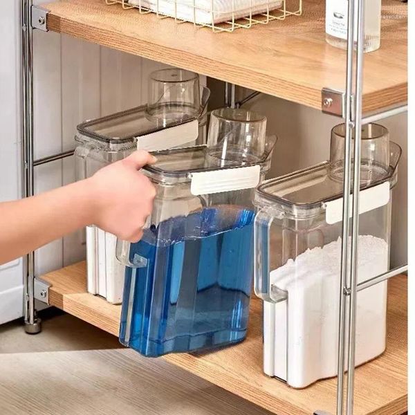 Dispensador de jabón líquido, caja de almacenamiento de detergente en polvo recargable, suavizante de lavado transparente, recipiente para lejía con tapas