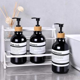 Distributeur de savon liquide, distributeurs de douche avec 8 étiquettes, bouteilles de shampoing rechargeables noir/ambre, 3 pompes en bambou