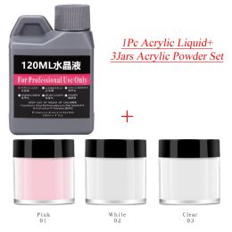 Líquidos 4pcs/Set inmerso en polvo acrílico transparente/blanco/polvo rosa+120 ml de líquido acrílico para el constructor de polímeros de uñas UV tallado de decoración en polvo
