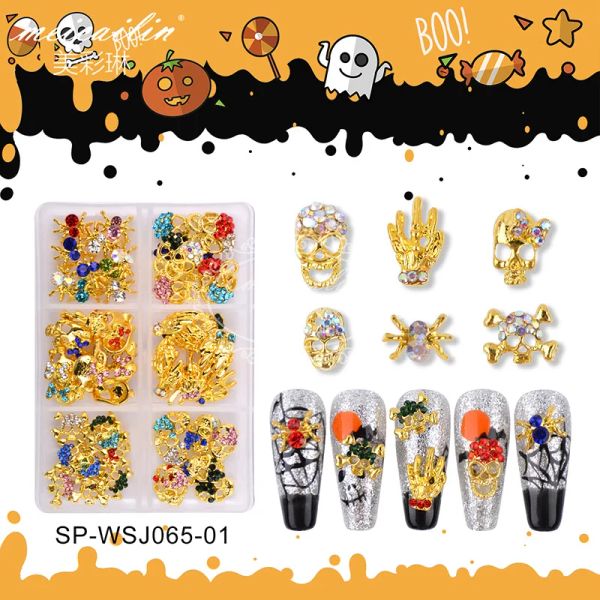 Liquides 60pcs effrayants Halloween Nail Art Gold Sier Metal Spider Skull Hand Skeleton + Hicestones Gemmes pour Halloween Nail Charmes