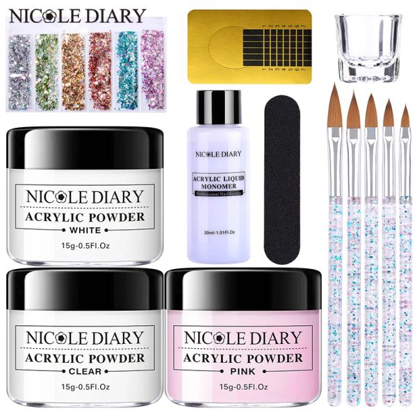 Liquides Nicole Diary Nail Acrylique Powner Liquide Crystal Glass Set Nail Glitter Manucure Kit 3D Formes d'ongles
