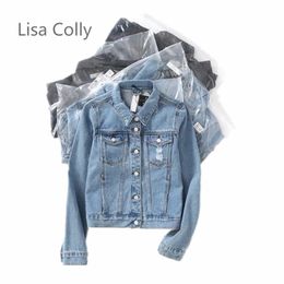 Lisa Colly Fashion Women Denim Jacket Vintage bijgesneden korte denimjacks longsleeve blauwe zwarte jeans Cardigan Coat T200319
