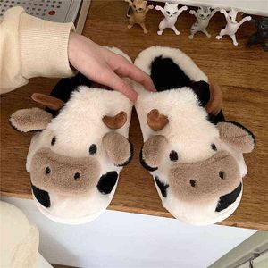 Lisapie dessin animé lait vache pantoufle pour femmes femme mignon Animal fausse fourrure maison pantoufles mode Kawaii moelleux hiver chaud pantoufles Y1206