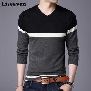 Liseaven Men Pullover Sweater V Neck Casual Slim Fit Sweaters lange mouwtoppen 210909