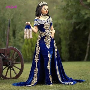 LISM Caftan marocain robes de soirée or dentelle appliques mancherons bleu royal sirène velours arabe robes de bal longue robe de soirée 240401