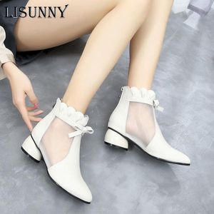 Laarzen Lisunny 2021 Mesh Sandalen Vrouwen Enkellaars voor Zomer Mid Heel Lederen Ponited Teen Shoes Hollow Out Back Rits