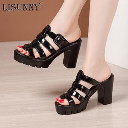 LISUNNY-Zapatillas con punta abierta para mujer, zapatos de tacón alto, de charol, con plataforma y hebilla, para fiesta de oficina, verano 2021