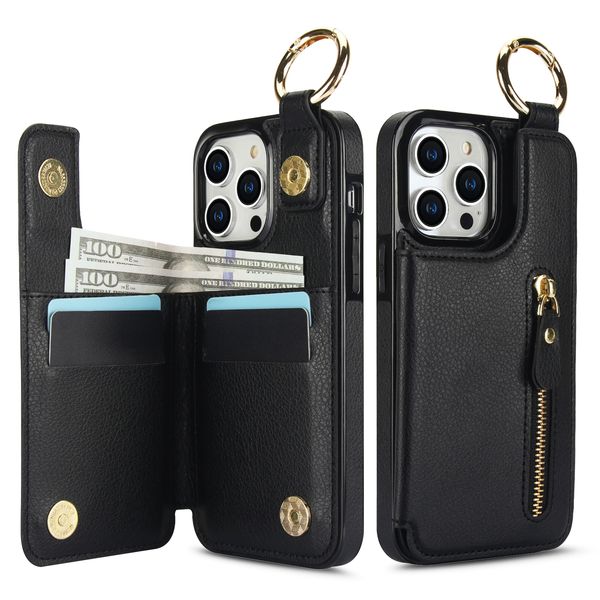Litchi Leather Zipper Card Holder Wallet Case, Heavy Duty Ring Holder Phone Cover, Kickstand Funda, pour iPhone 15 Pro Max 14 13 12 11 XR X 8