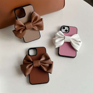 Litchi Pattered Large Bow Phone Case geschikt voor iPhone 15/14 Promax Solid Color Full -pakket iPhone 13 Pro Hard