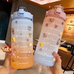 Litro Botella de agua con paja kawaii lindas botellas deportivas para beber con marcador de tiempo para jarra de agua copa de al aire libre