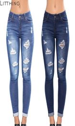 Illustrant 2018 Nouvelle arrivée Femme High Taist Planches de jean décontractées bouton jeans à fermeture éclair déchiré en coton
