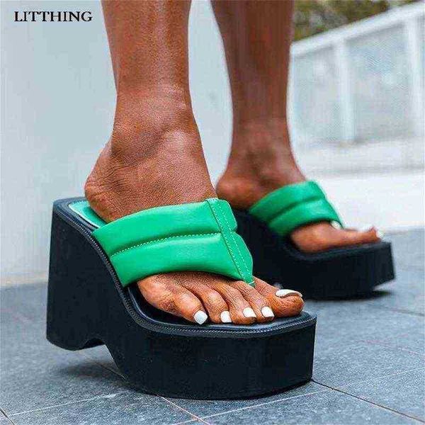 LITTING Marque Design Nouvel Été Femmes Chaussure Plate-Forme À Talons Hauts Wedge Flip Flop Sandales Vert Chaussures De Mode Talons Pantoufles Femmes J220716