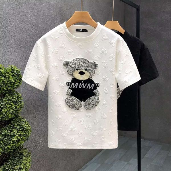 T-shirt à manches courtes brodé petit ours pour hommes, beau col rond, nouveau dessin animé d'été