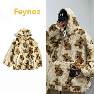Kleine beer patroon harige hoodie 2021 winter warm pluche zoete truien vrouw vintage Koreaanse stijl losse sweatshirt