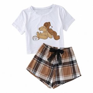 Little Bear Print Pyjama Set schattige zachte comfortabele korte mouw top shorts dames slaapkleding loungewear f00d#
