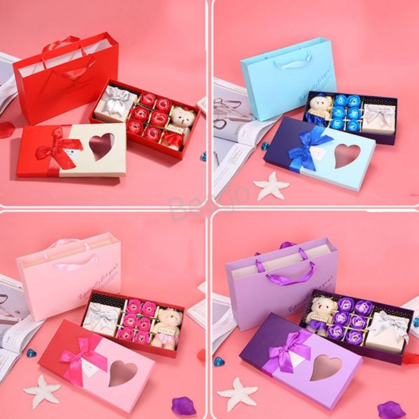 Petit Ours Rose Fleur Coffret Cadeau Saint Valentin Présent Fête Des Mères Savon Roses Fleurs Cadeaux Collier Bijoux Étui De Rangement BH5667 WLY