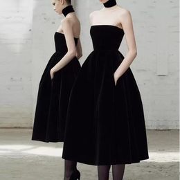 Kleine zwarte jurk nobel temperament strapless prom jurken short fluwelen meisjes feest speciale gelegenheid eenvoudige avondjurken