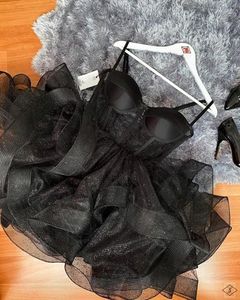 Petite robe noire princesse chérie courte robes de bal paillettes jupe bouffante Mini robe de soirée Sexy robe de Cocktail