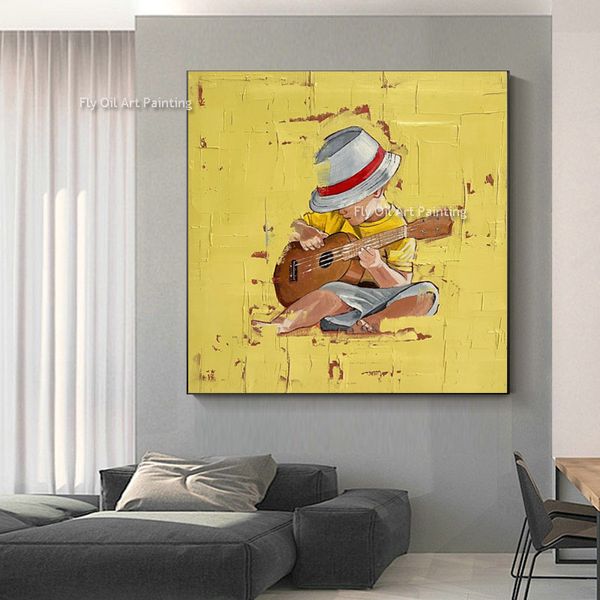 Petit garçon jouant de la guitare sur la peinture à l'huile de plage à la main de la plage de plage peinture de décoration d'art mural moderne pour le salon à la maison