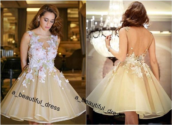 Petit Champagne Organza Longueur Au Genou Robes De Cocktail Courtes Col Transparent Dos Nu Dentelle Colorée Appliqué Court Bal De Soirée Formelle Porter