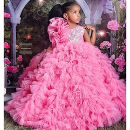 Kleine schattige gezwollen baljurk roze meisje optocht jurken ruches tule vloer lengte brithdday feestjurken voor peuter kinderen lange communie bloemenmeisjes jurk bloemen s s s s s s