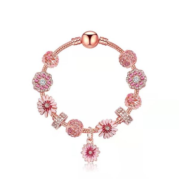 Bracelets à breloques petite marguerite en or rose, perles pour filles, cadeau, chaîne serpent, accessoires de bijoux à faire soi-même, bracelets de saint-valentin 245L