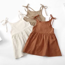 Kleine jurk voor kleine meisjeskinderen mouwloze katoenen magere suring rok met pocket stevige slipjurken outfits