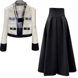 Kleine geur tweedelige set streetwear stijlvolle vneck tweed jackethigh taille aline rok met gesplitste brede pootbroek 240423