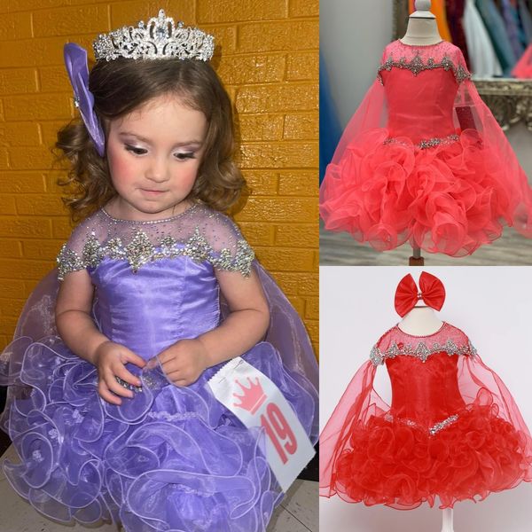 Robe de concours de beauté pour petite fille, cape en cristal, à volants, paillettes, pour bébé, enfant, mode amusante, défilé, anniversaire, cocktail, robe formelle pour tout-petit, corail national