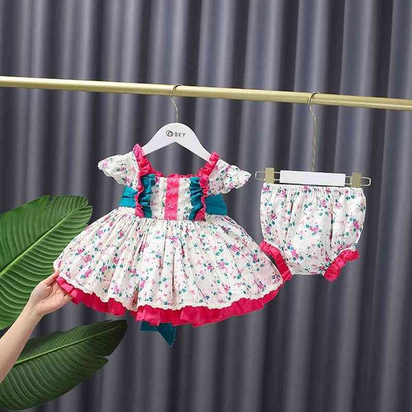 Niña lolita princesa floral vestido niños español volante vestidos bebé niñas españa con pantalones cortos traje 210615