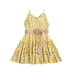Klein meisje \ u2019s casual jarretel jurk met riem mode bloemen v-hals A-lijn prinses jurk G1026