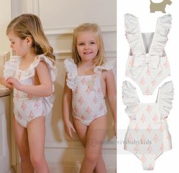 Maillot de bain une pièce dos nu pour petites filles, à pois, imprimé crème glacée, manches volantes falbala, pour la plage, la piscine, le spa, la natation, Z7177