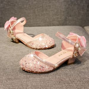 Kleine meisjeskleding schoenen kristal hoge hakken Mary Jane bruiloft hak glitter prinses bloem schoenen voor kinderen peuter sandalen 240108