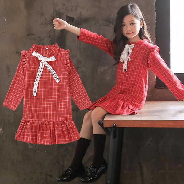 Petites filles robes à manches longues 2019 automne nouvelle robe de grille de coton pour enfants filles robe de princesse enfants filles vêtements noir rouge Q0716