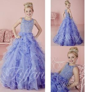 Robes de concours de petites filles portent 2021 Nouveau bijou cou perles de cristal lavande tulle robe de soirée formelle pour adolescents enfants fleurs filles 8722267