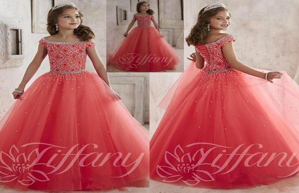 Robes de concours de petites filles portent de nouvelles perles de cristal d'épaule en tulle de corail robe de soirée formelle pour les enfants adolescents fleurs robes de filles 9340890