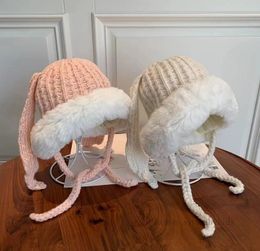 Petites filles en peluche longue oreille de lapin chapeaux à tricoter enfants en bas âge enfants tricotés à la main en fausse fourrure bonnet chaud enfants épaissir casquette de fête Z5627