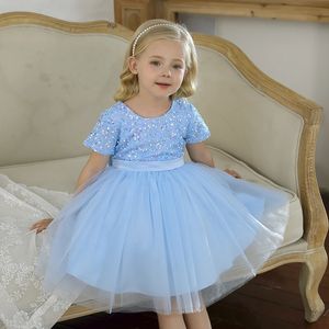 Petites filles manches courtes robes princesse pour le soir de mariage en soirée pour enfants anniversaire rose imprimé floral en tulle tulle vestidos 240413