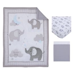 Little Love by NoJo Elephant Stroll Juego de ropa de cama para cuna de 3 piezas gris y blanco, edredón, sábana, falda de cuna, unisex