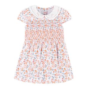 Kleine Maven Nieuwe Zomer Kids Floral Gedrukt Licht Oranje Peter Pan Collar Kant Smock Lantaarn Meisjes 2-7yrs Katoen Gebreide Jurken Q0716