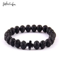 Little Minglou Nieuwe trendy Jezus charme mannen armbanden zwarte lava steen 8 mm kralen armbanden armbanden voor vrouwen sieraden1728032