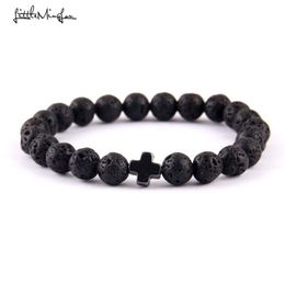 Little MingLou Nieuwe Trendy jesus cross Charm mannen armbanden Zwarte Lavasteen 8mm Kralen Armbanden Armbanden voor vrouwen Jewelry329T