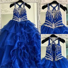Little Miss Pageant Jurk voor Tieners Juniors Peuters 2021 Kralen AB Stones Crystal Lange Prom Gown Girl Formal Party Ruches Lace-Up Ball-gown Organza Ritzee