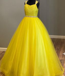 Little Miss Pageant Dress for Teens Juniors Toddlers 2021 Bright Yellow Beading Sequins Long Prom Gown Kids Formal Party Criss-Cross Back Order-to-Made rosie