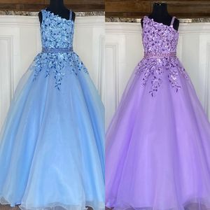 Little Miss Pageant Dress for Teens Juniors Toddlers 2021 Beading Sequins Lace Sky-Blue Light-Violet Long Girls Prom Gown Formal Party rosie Zipper-Back One-Shoulder