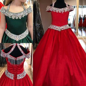 Little Miss Pageant Dress for Teens Juniors peuters 2021 Hunter Red frezen AB Stones Crystal Long Prom Gown Kids Formele feestavond rosie