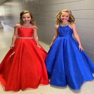 Little Miss Pageant -jurk voor tieners Juniors Toddlers 2021 Rhinestones Sequins Royal Organza Long Kids Jurk formeel feest kralen Halter 249B