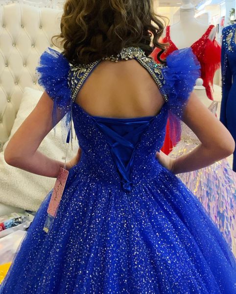 Little Miss Pageant Robe pour adolescents Juniors Tout-petits Infant 2021 Paillettes Bling Bleu Royal Longues Filles Robe De Bal Soirée Formelle Rosie 302Y